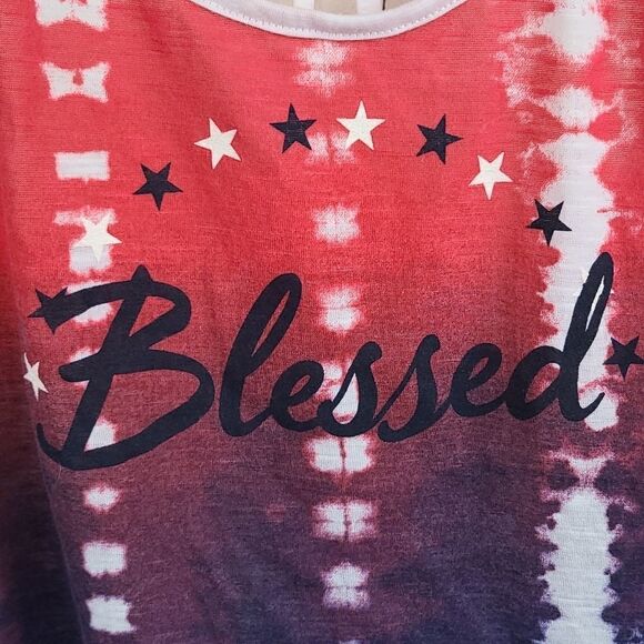 Women's Americana Tie Dye Red White Blue Tee BLESSED Crop Tank Top Lace Fringe - Picture 4 of 8